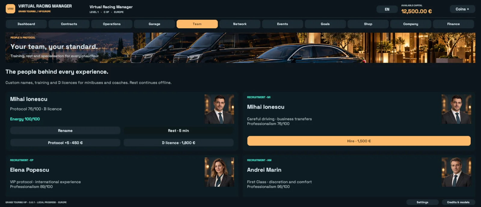 Virtual Racing Manager garage
